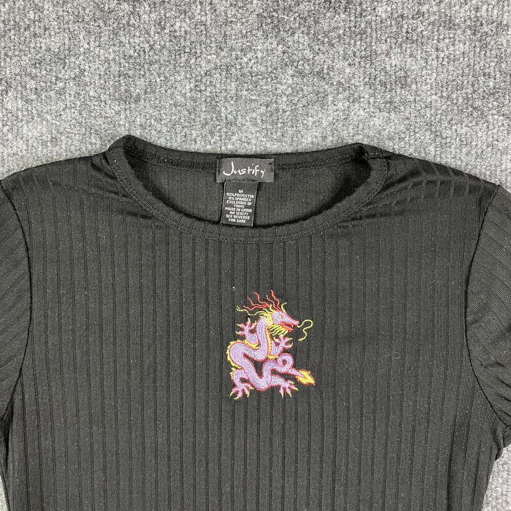 Justify T-Shirt Womens Size M Black Ribbed Stretch Dragon Graphic Y2K Fitted Top